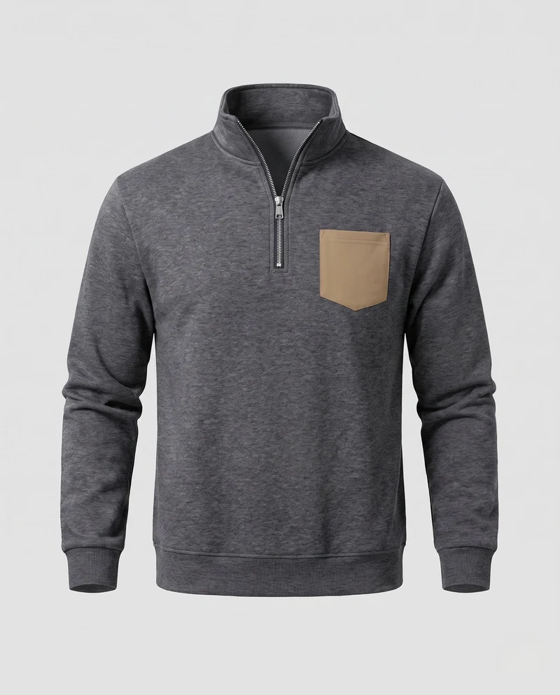 Herren Halb-Zip Sweatshirt mit Stehkragen, Kunstleder-Brusttasche und sportlichem Schnitt Nord Taschen