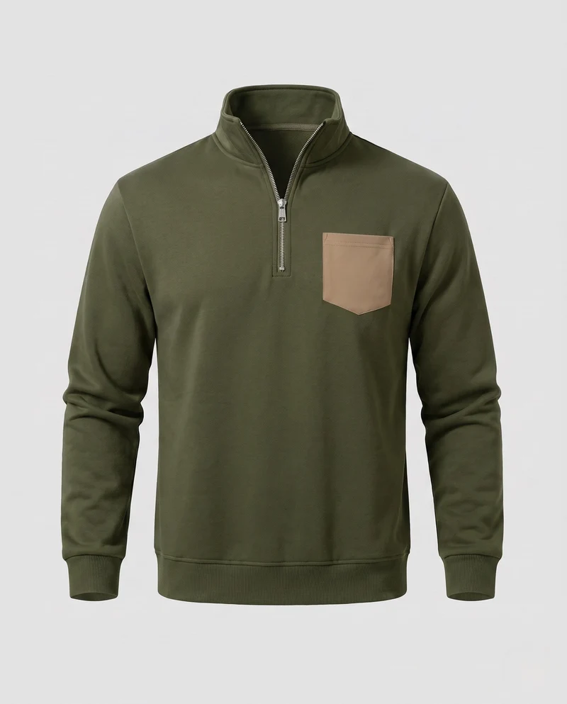 Herren Halb-Zip Sweatshirt mit Stehkragen, Kunstleder-Brusttasche und sportlichem Schnitt Nord Taschen
