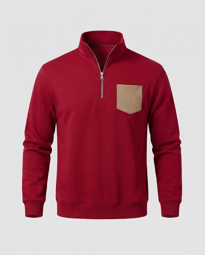 Herren Halb-Zip Sweatshirt mit Stehkragen, Kunstleder-Brusttasche und sportlichem Schnitt Nord Taschen