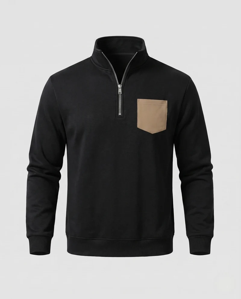 Herren Halb-Zip Sweatshirt mit Stehkragen, Kunstleder-Brusttasche und sportlichem Schnitt Nord Taschen