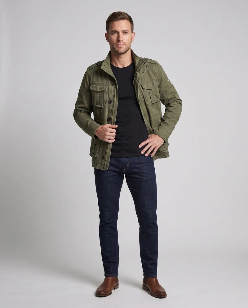 Herren Utility Feldjacke mit Stehkragen, Schulterepauletten und verdecktem Reißverschluss Nord Taschen