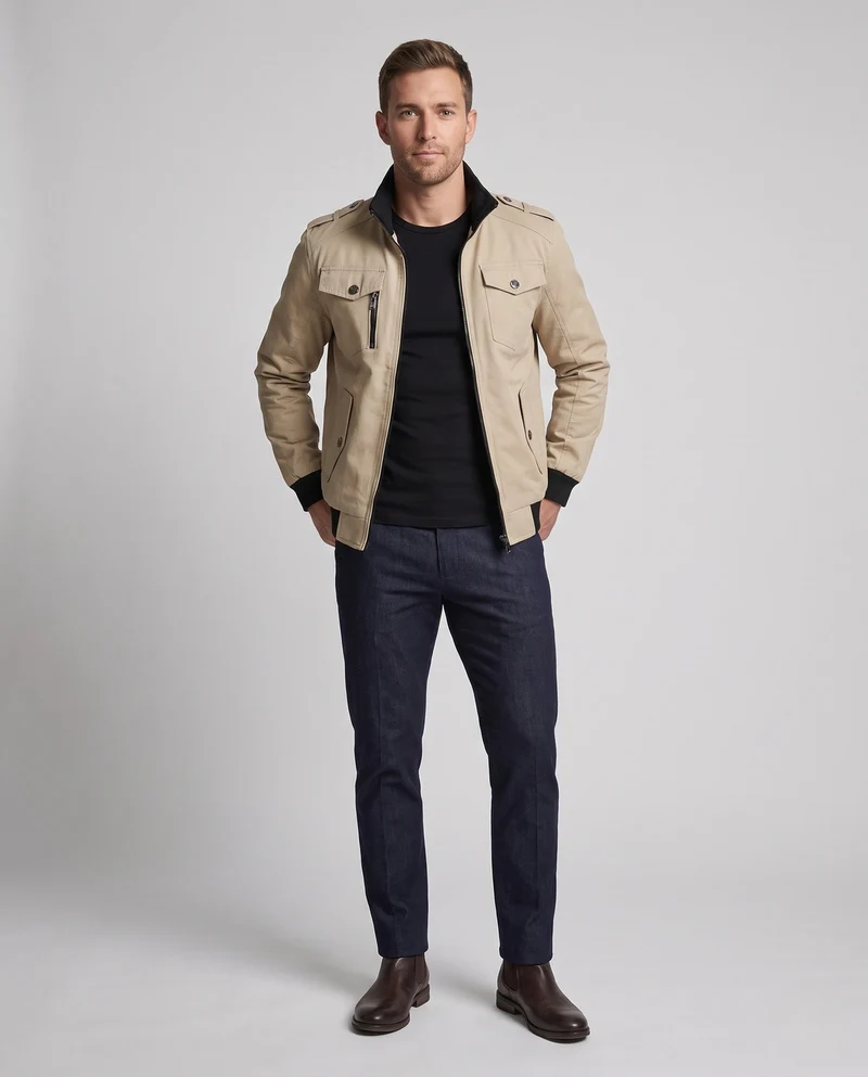 Männer Feldjacke mit Stehkragen, karierter Futter und Schulterklappen Nord Taschen