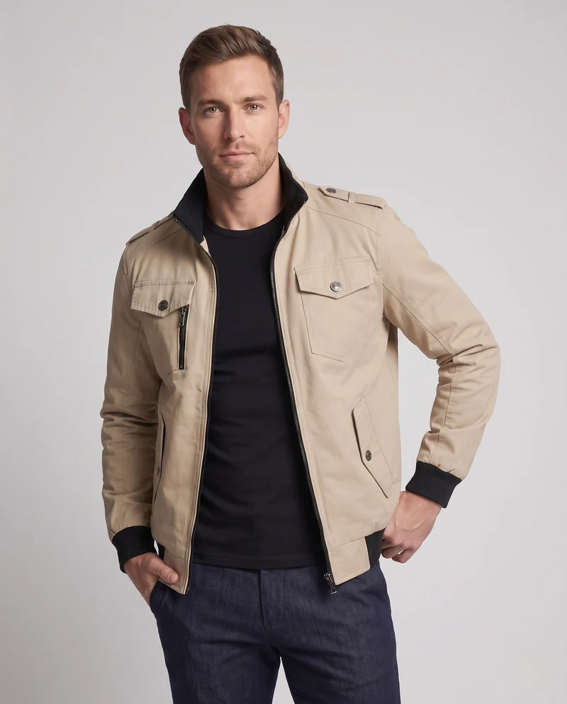 Männer Feldjacke mit Stehkragen, karierter Futter und Schulterklappen Nord Taschen