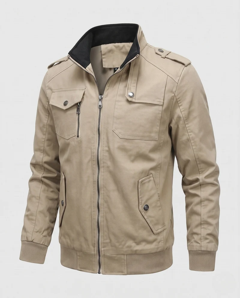 Männer Feldjacke mit Stehkragen, karierter Futter und Schulterklappen Nord Taschen