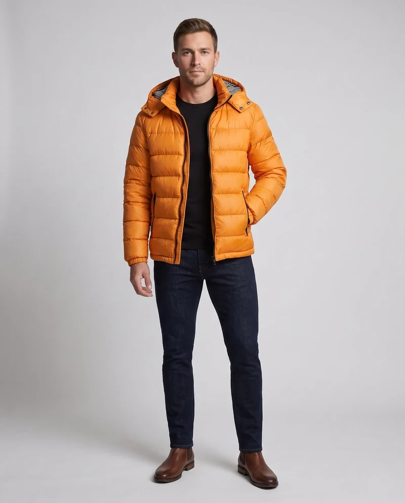 Herren Glänzende Steppjacke mit Kapuze, Gestreiftem Innenfutter & Kontrastreißverschlüssen Nord Taschen