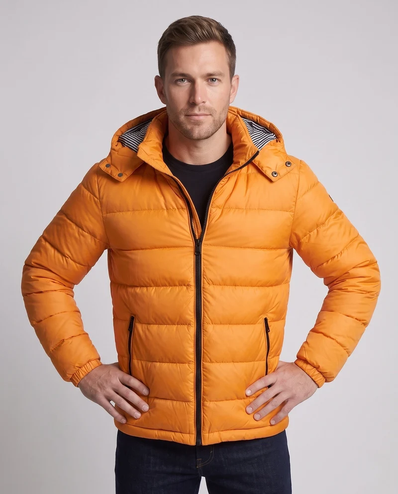 Herren Glänzende Steppjacke mit Kapuze, Gestreiftem Innenfutter & Kontrastreißverschlüssen Nord Taschen