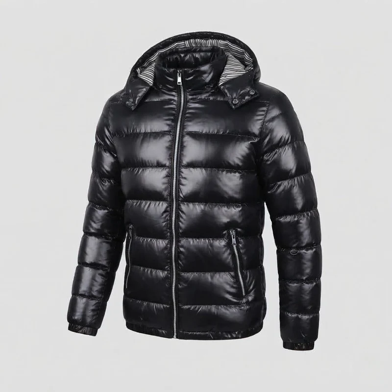 Herren Glänzende Steppjacke mit Kapuze, Gestreiftem Innenfutter & Kontrastreißverschlüssen Nord Taschen