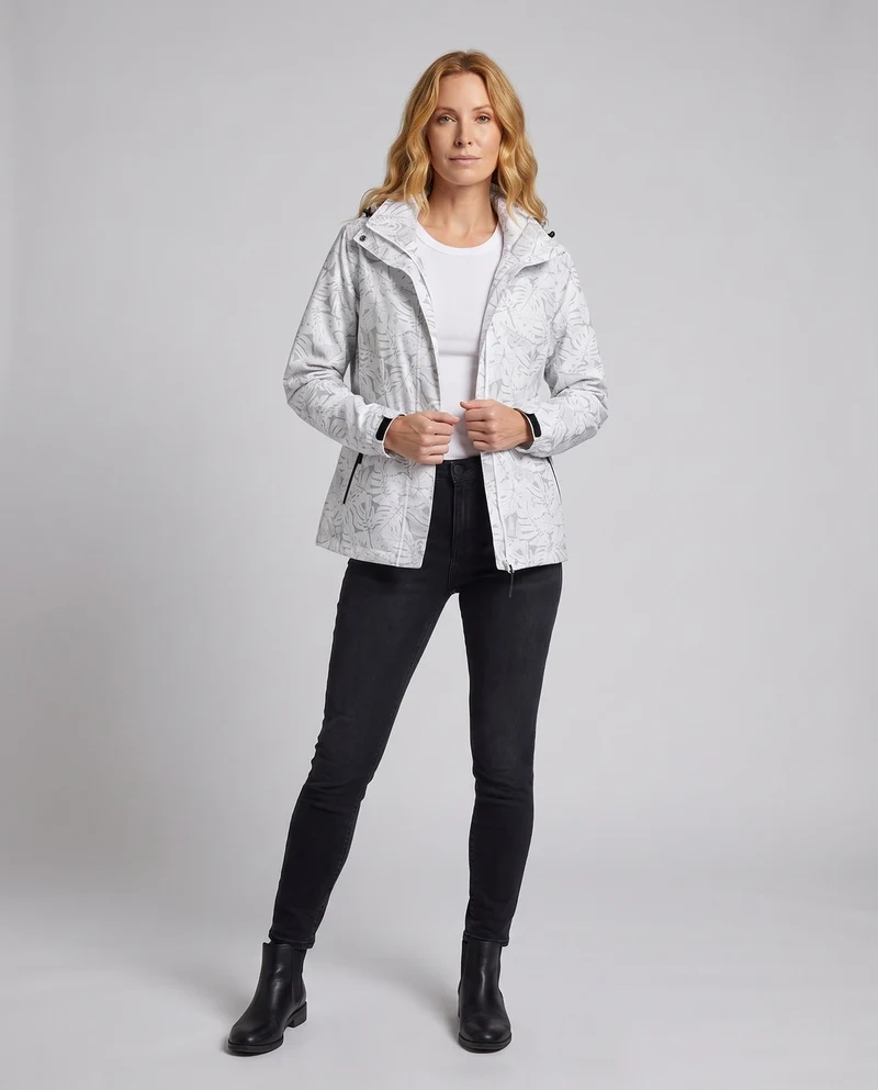 Damen leichte atmungsaktive Regenjacke mit Kapuze und floralem Blätterdruck Nord Taschen