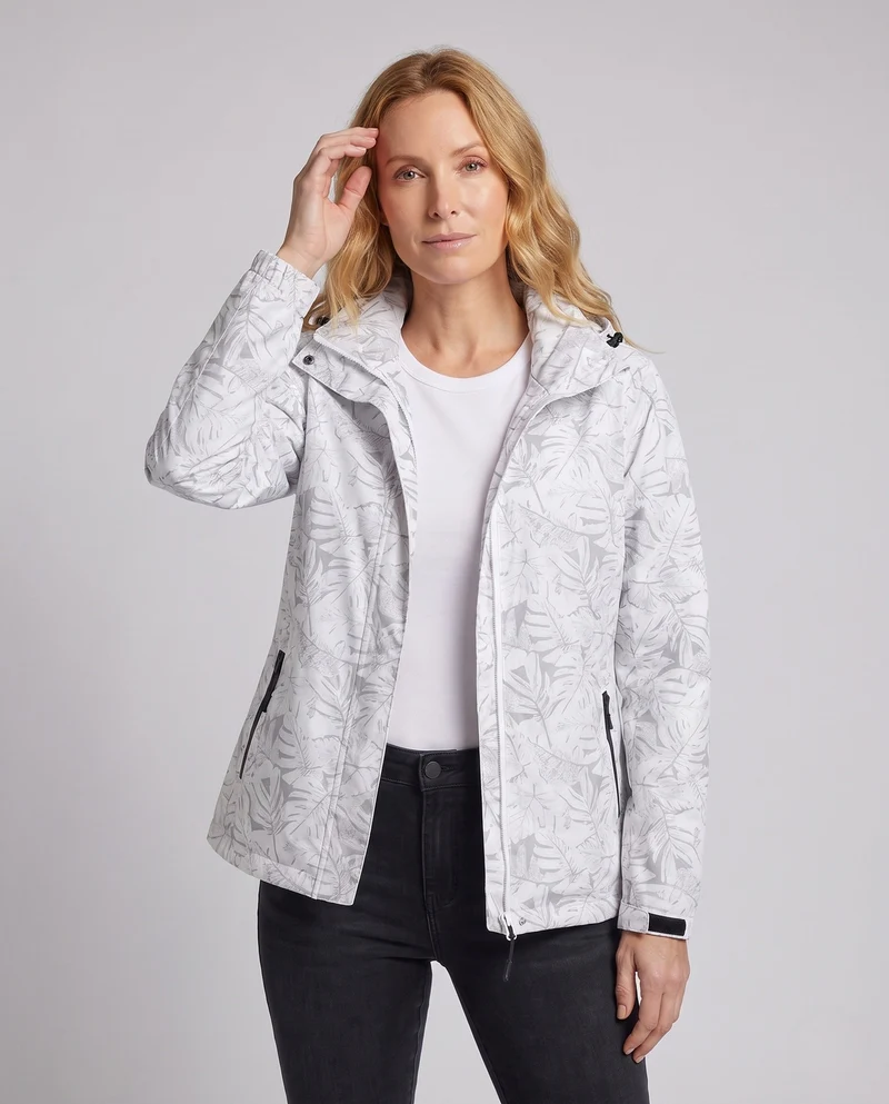 Damen leichte atmungsaktive Regenjacke mit Kapuze und floralem Blätterdruck Nord Taschen