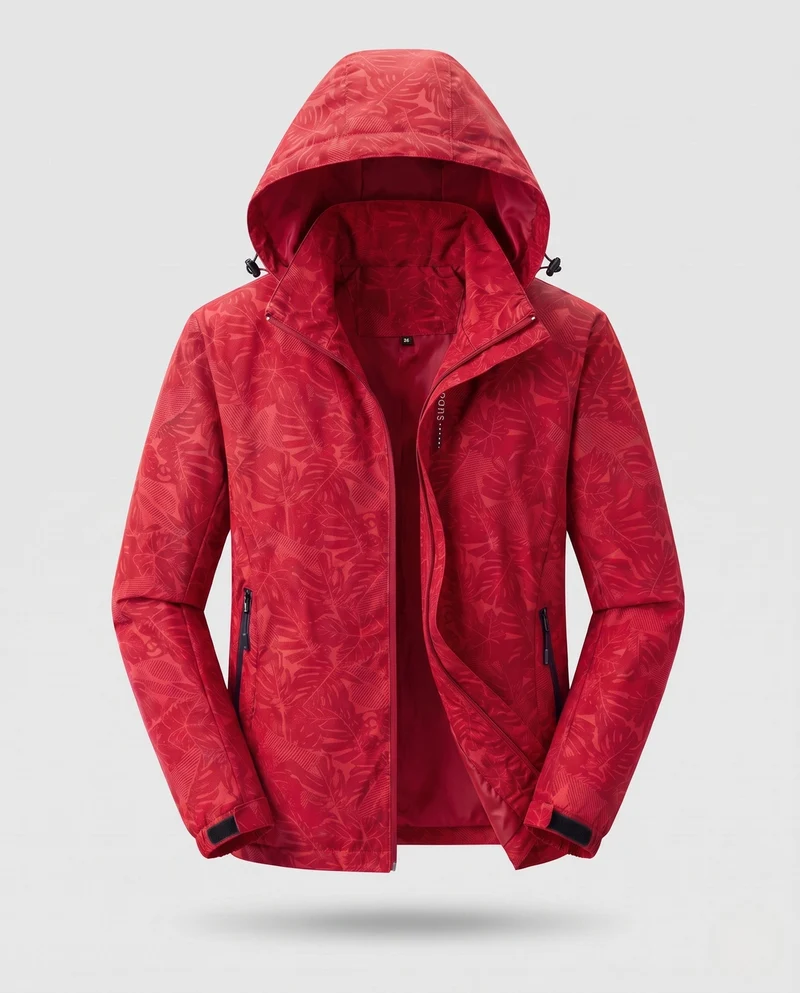 Damen leichte atmungsaktive Regenjacke mit Kapuze und floralem Blätterdruck Nord Taschen