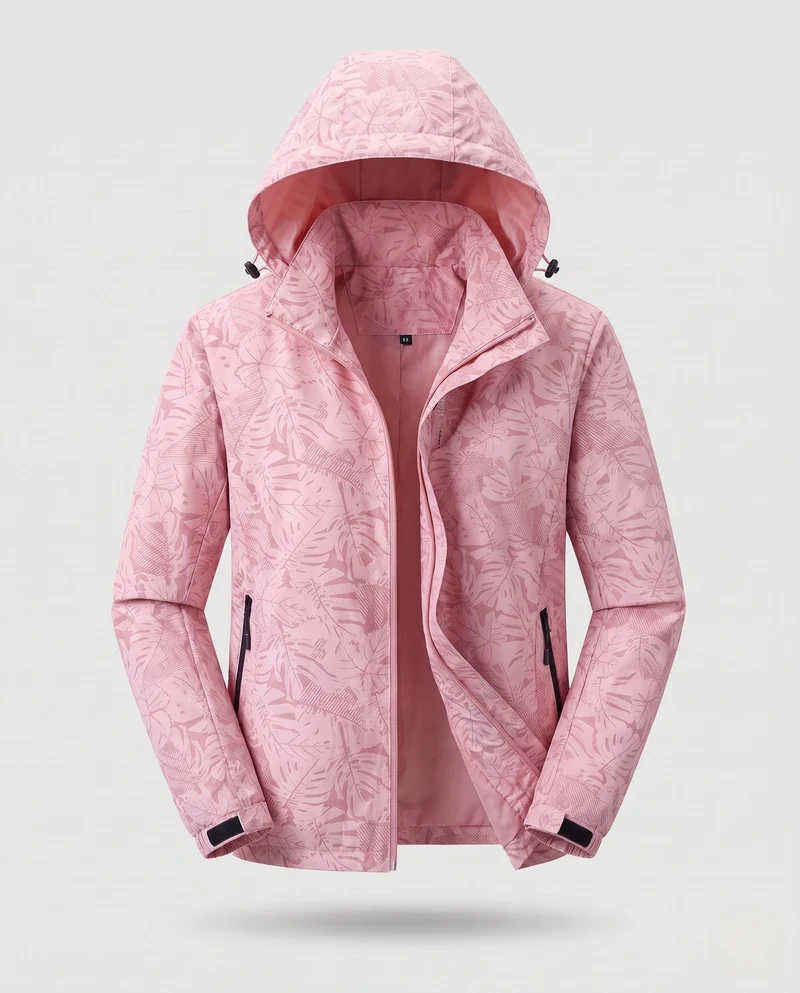 Damen leichte atmungsaktive Regenjacke mit Kapuze und floralem Blätterdruck Nord Taschen