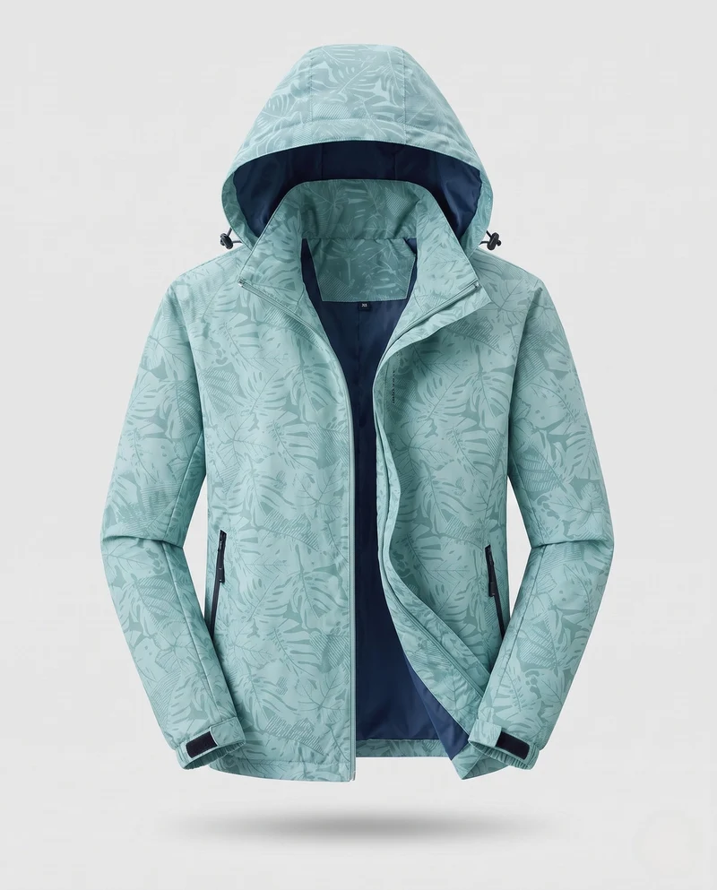 Damen leichte atmungsaktive Regenjacke mit Kapuze und floralem Blätterdruck Nord Taschen