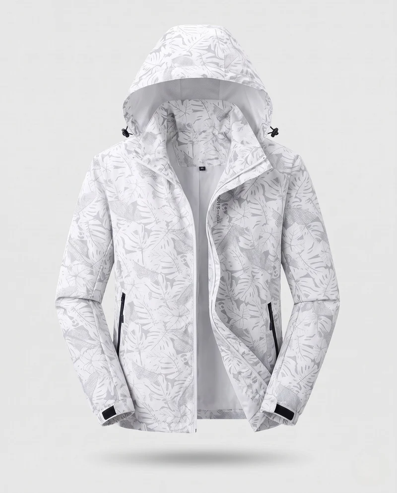 Damen leichte atmungsaktive Regenjacke mit Kapuze und floralem Blätterdruck Nord Taschen