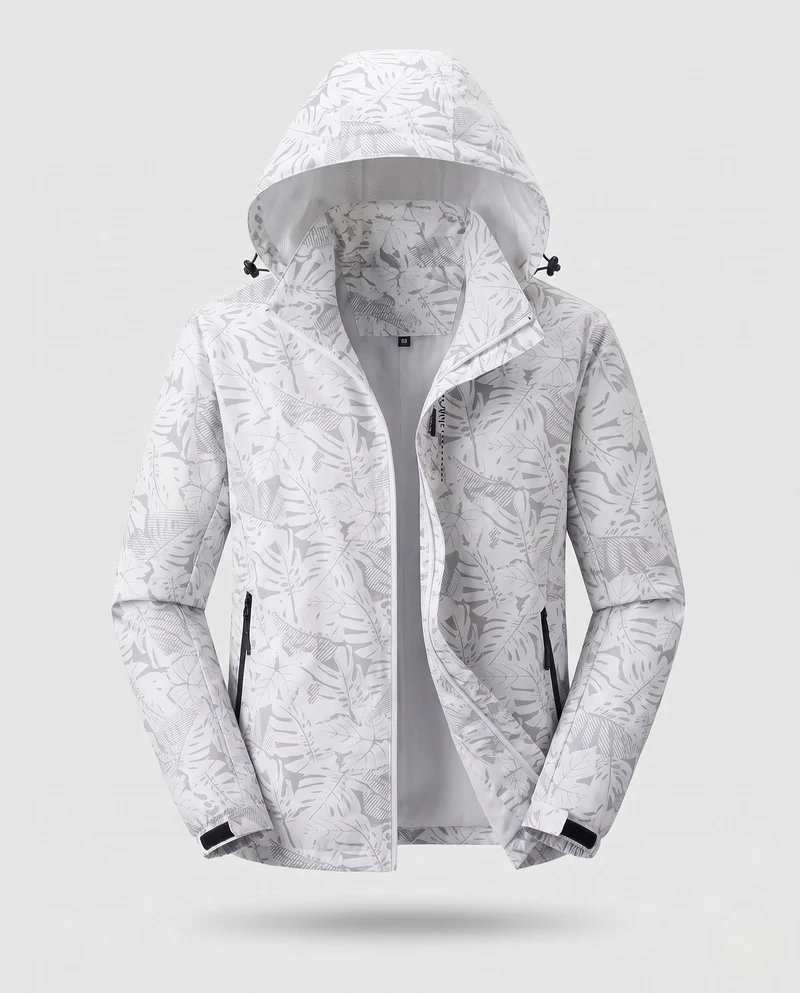 Damen leichte atmungsaktive Regenjacke mit Kapuze und floralem Blätterdruck Nord Taschen