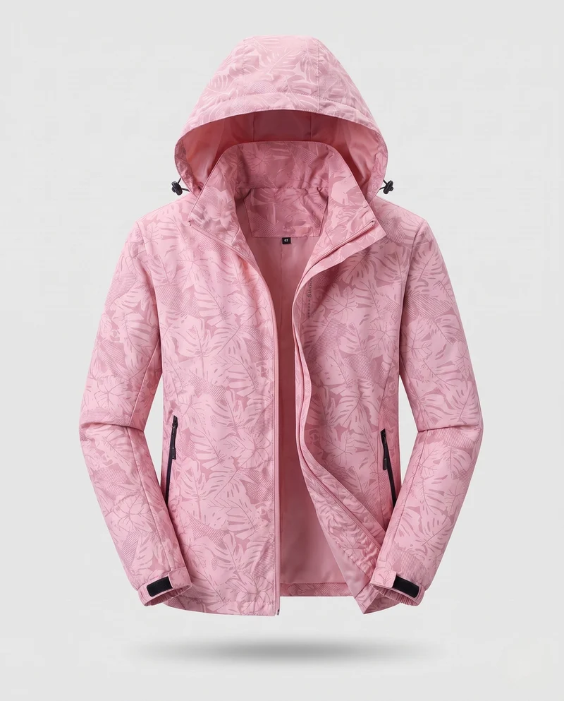 Damen leichte atmungsaktive Regenjacke mit Kapuze und floralem Blätterdruck Nord Taschen