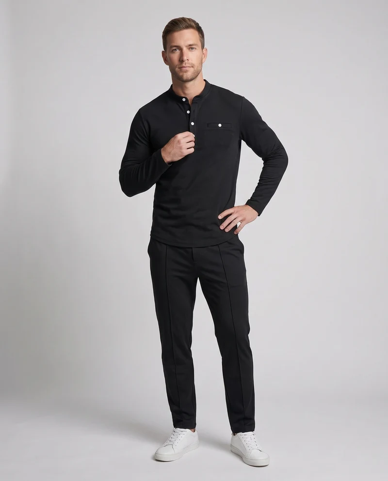 Herren Freizeit Lounge Set aus Baumwollmischung mit Henley-Oberteil, Brusttasche und geraden, lockeren Hosen Nord Taschen