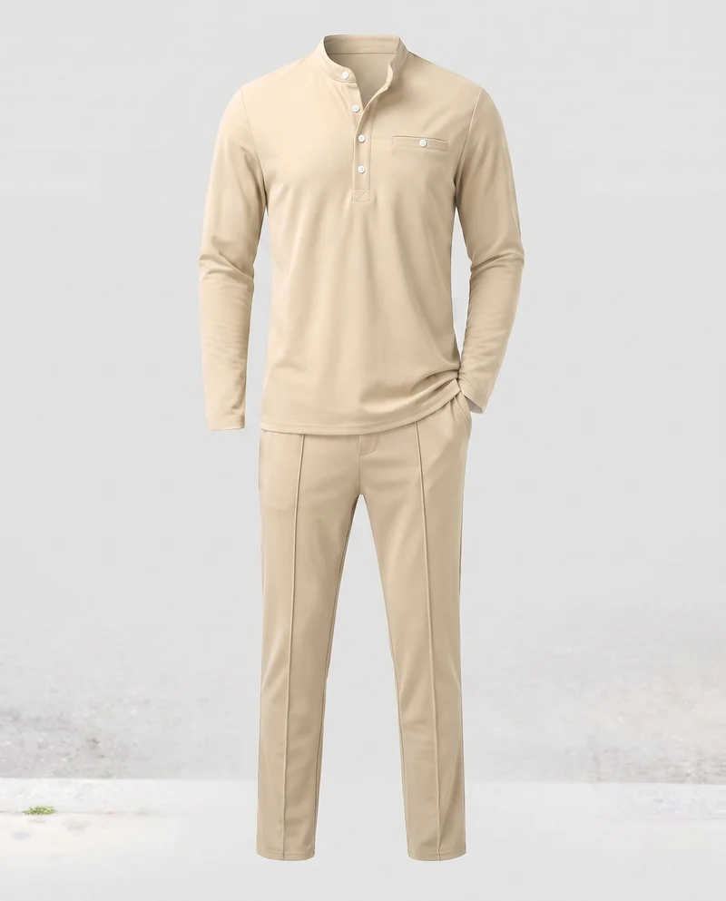 Herren Freizeit Lounge Set aus Baumwollmischung mit Henley-Oberteil, Brusttasche und geraden, lockeren Hosen Nord Taschen
