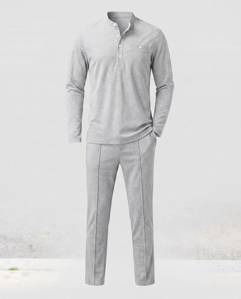 Herren Freizeit Lounge Set aus Baumwollmischung mit Henley-Oberteil, Brusttasche und geraden, lockeren Hosen Nord Taschen