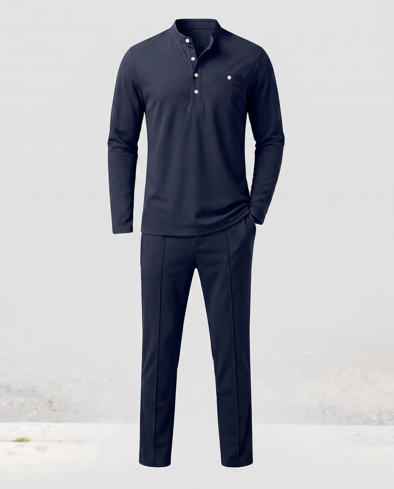 Herren Freizeit Lounge Set aus Baumwollmischung mit Henley-Oberteil, Brusttasche und geraden, lockeren Hosen Nord Taschen