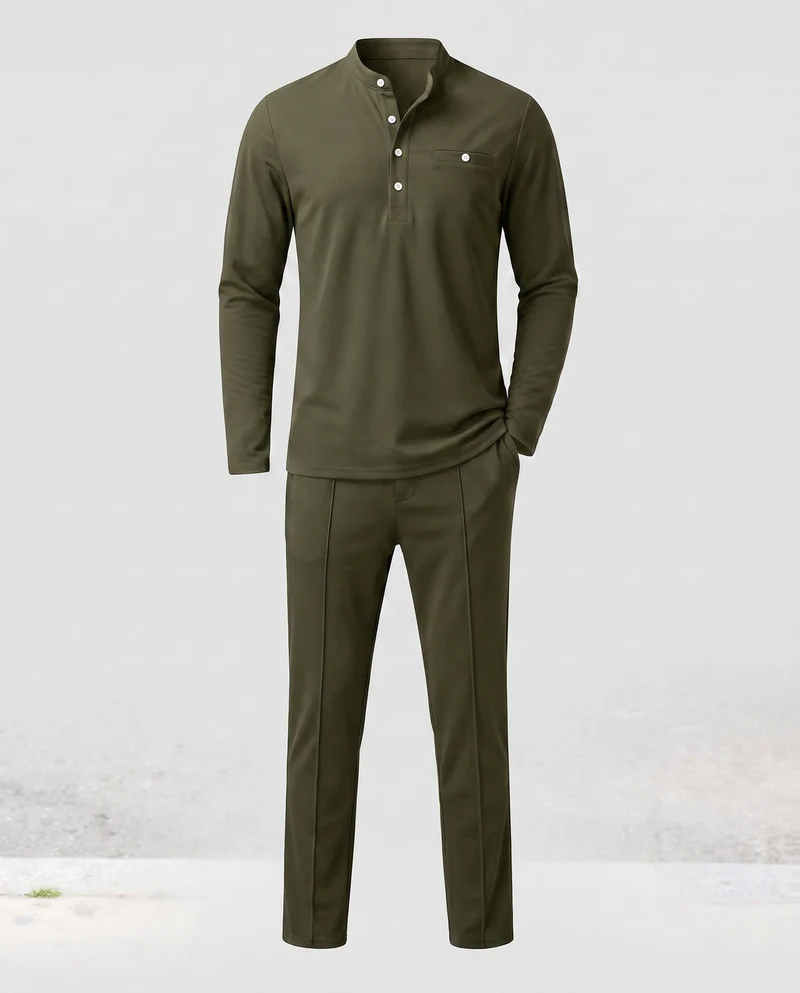 Herren Freizeit Lounge Set aus Baumwollmischung mit Henley-Oberteil, Brusttasche und geraden, lockeren Hosen Nord Taschen