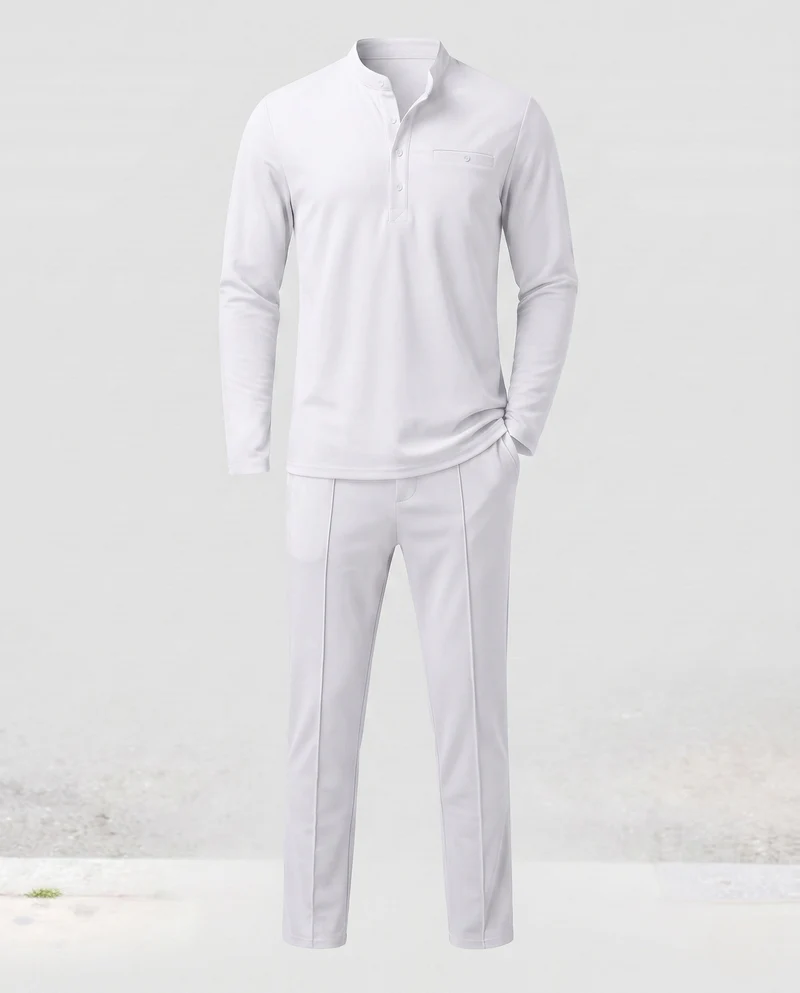Herren Freizeit Lounge Set aus Baumwollmischung mit Henley-Oberteil, Brusttasche und geraden, lockeren Hosen Nord Taschen