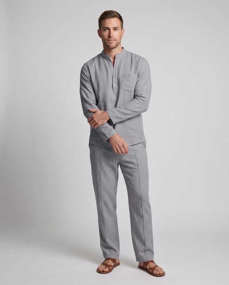 Herren Casual Leinenmischung Set mit Stehkragen Henley und entspannten Faltenhosen Nord Taschen