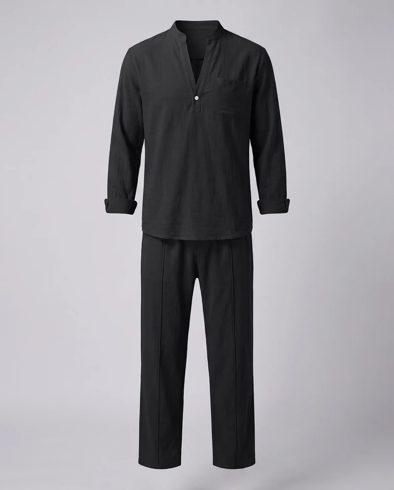 Herren Casual Leinenmischung Set mit Stehkragen Henley und entspannten Faltenhosen Nord Taschen