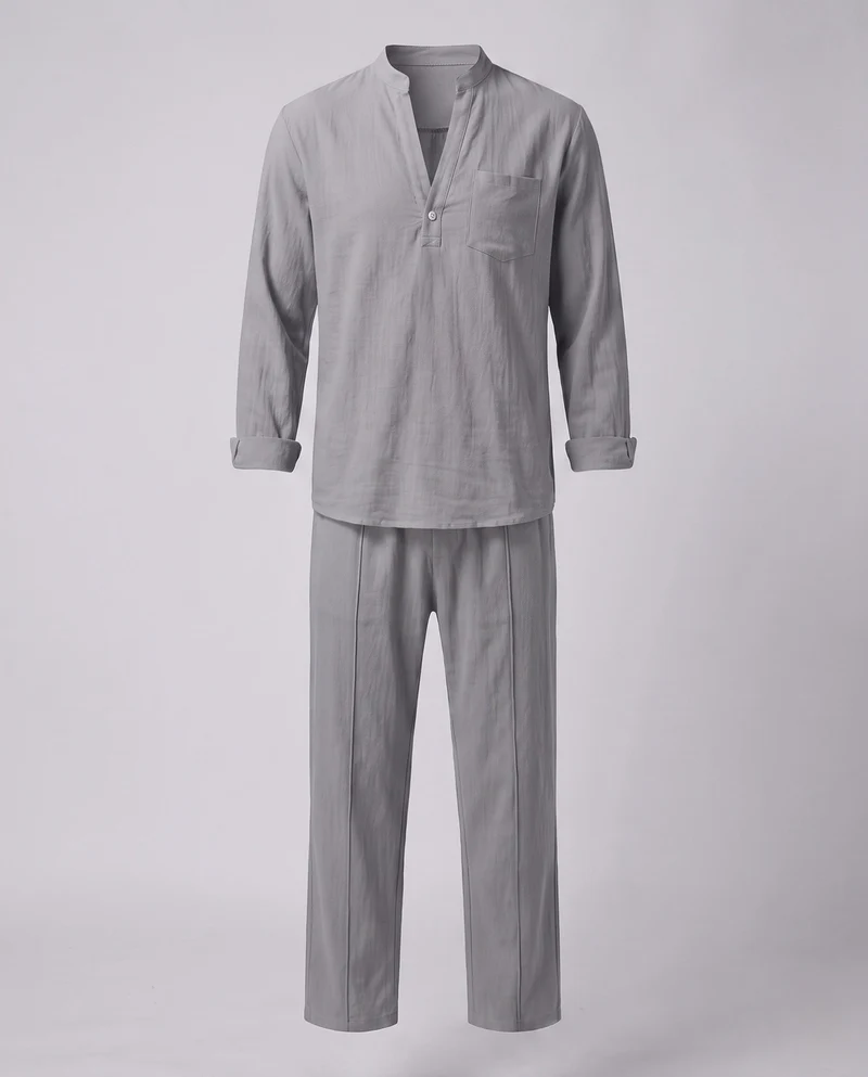 Herren Casual Leinenmischung Set mit Stehkragen Henley und entspannten Faltenhosen Nord Taschen
