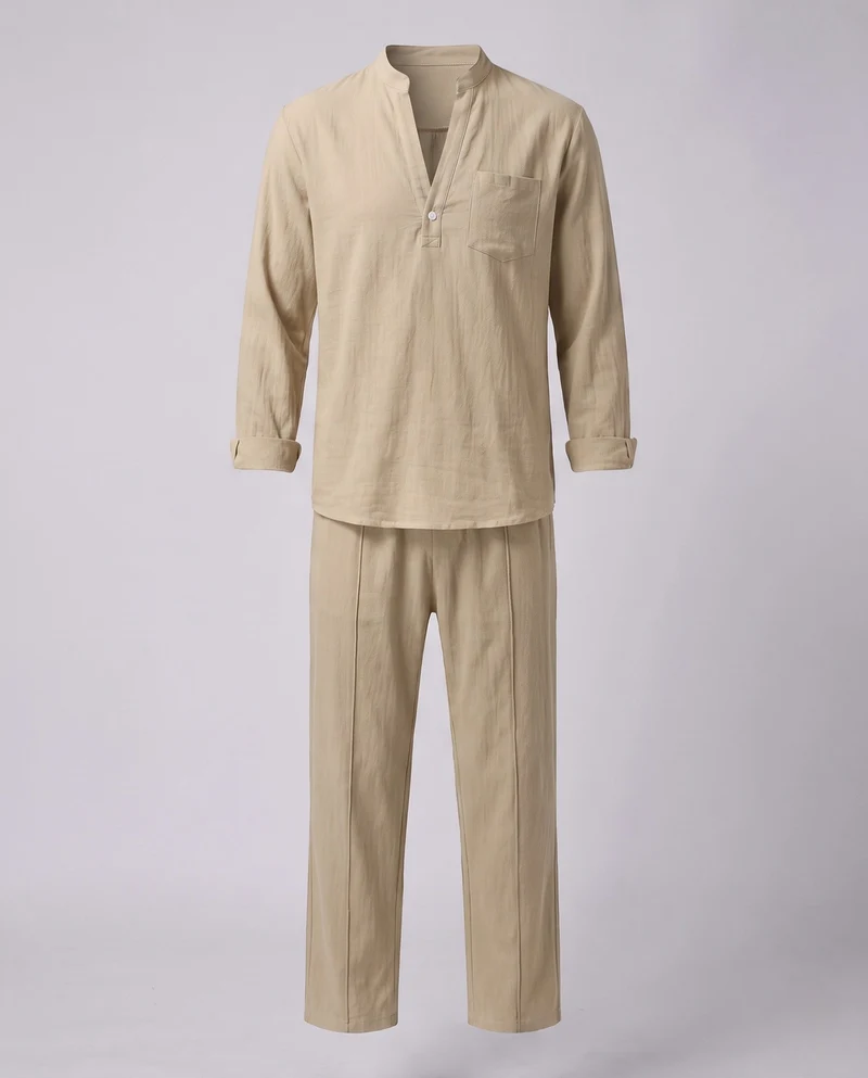 Herren Casual Leinenmischung Set mit Stehkragen Henley und entspannten Faltenhosen Nord Taschen