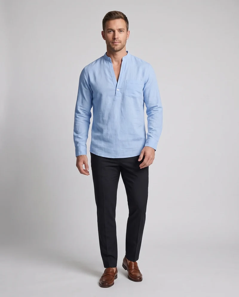 Herren Freizeit Langarm-Henley-Shirt mit kurzem Stehkragen und Brusttasche Nord Taschen