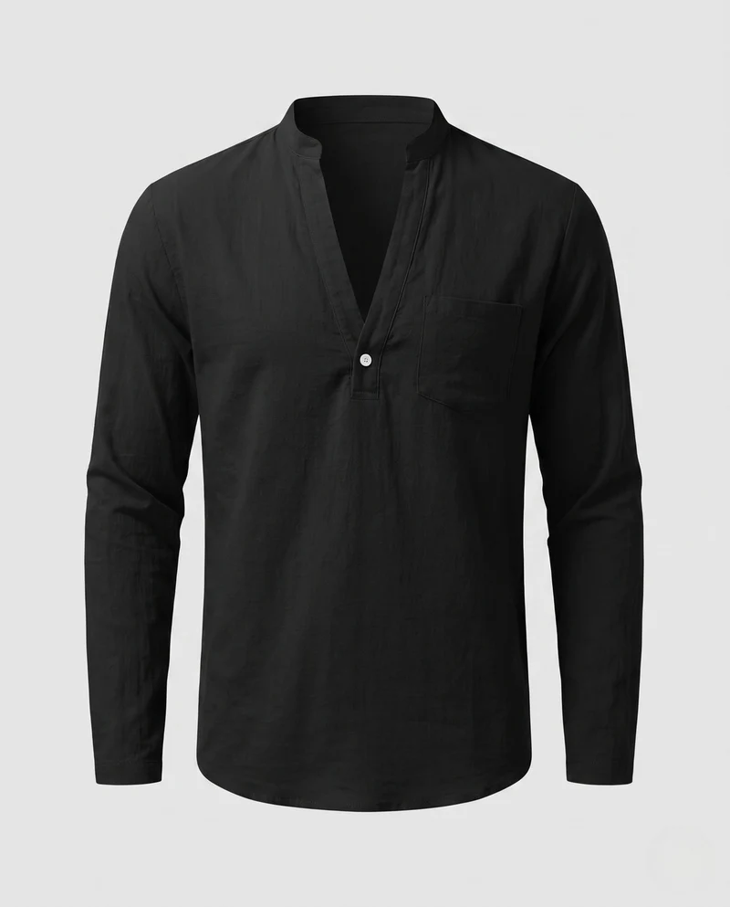 Herren Freizeit Langarm-Henley-Shirt mit kurzem Stehkragen und Brusttasche Nord Taschen