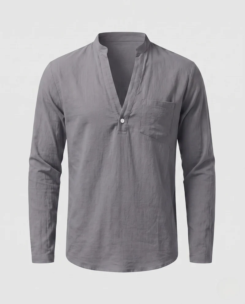Herren Freizeit Langarm-Henley-Shirt mit kurzem Stehkragen und Brusttasche Nord Taschen
