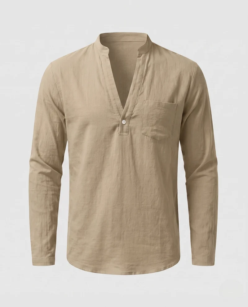 Herren Freizeit Langarm-Henley-Shirt mit kurzem Stehkragen und Brusttasche Nord Taschen