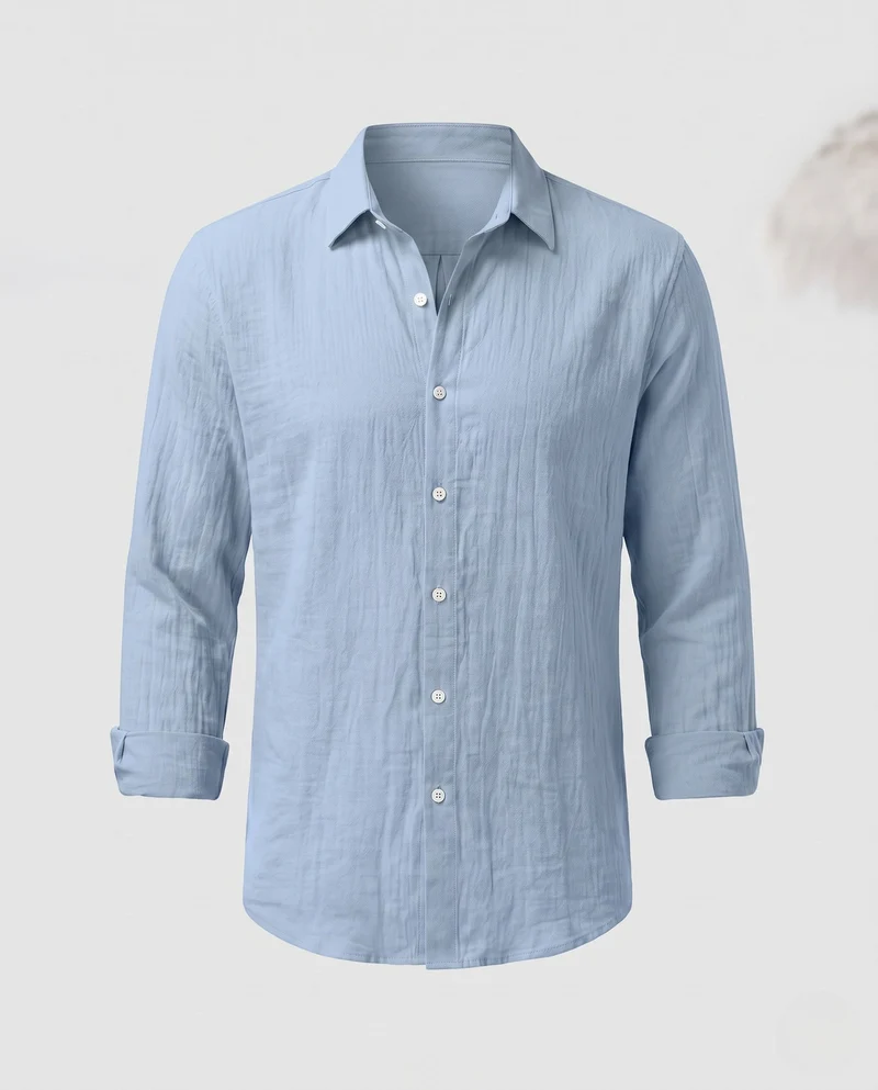 Herren Langarmhemd aus Leinenmischung mit offenem Camp-Kragen und Crinkle-Textur Nord Taschen