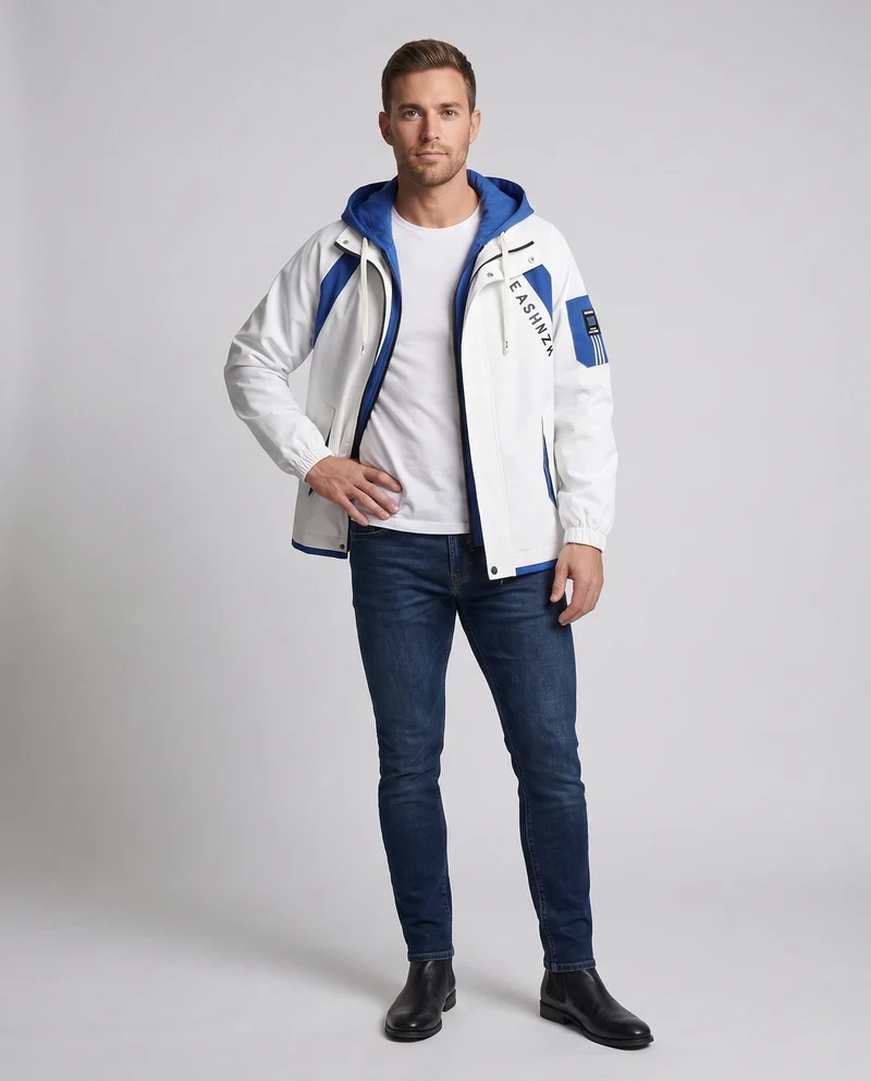 Herren zweilagige Kapuzen-Übergangsjacke mit Kontrastpaneelen, Reißverschluss & Utility-Ärmeltasche