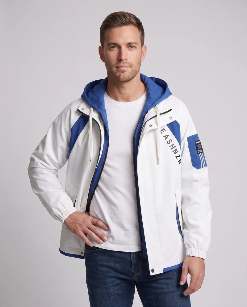 Herren zweilagige Kapuzen-Übergangsjacke mit Kontrastpaneelen, Reißverschluss & Utility-Ärmeltasche