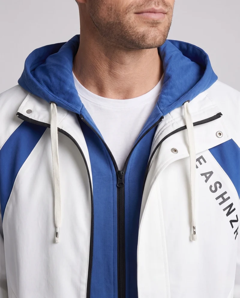 Herren zweilagige Kapuzen-Übergangsjacke mit Kontrastpaneelen, Reißverschluss & Utility-Ärmeltasche