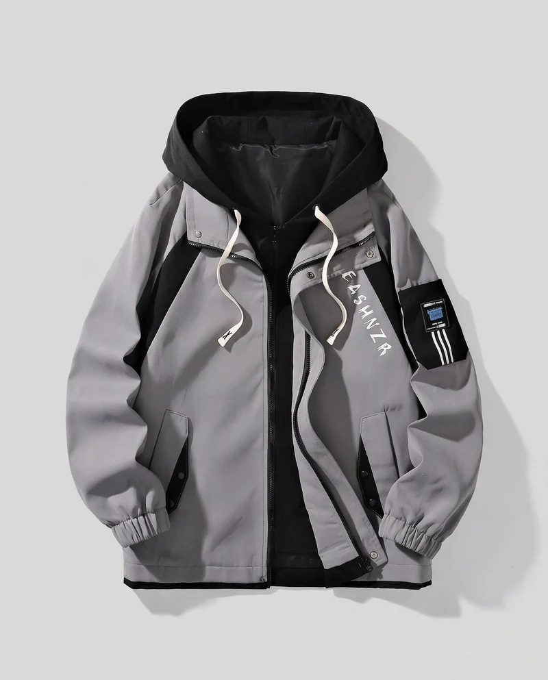 Herren zweilagige Kapuzen-Übergangsjacke mit Kontrastpaneelen, Reißverschluss & Utility-Ärmeltasche