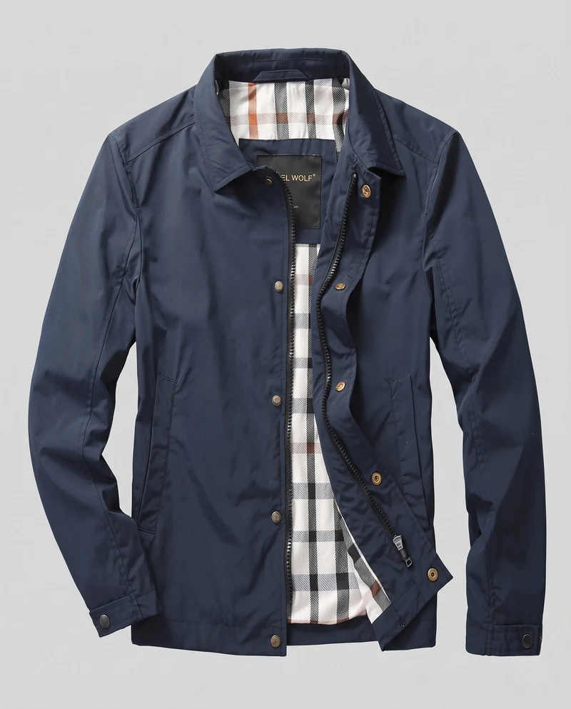 Leichte wasserabweisende Übergangsjacke für Herren mit kariertem Futter und Stehkragen Nord Taschen