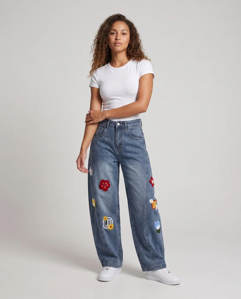 Damen Bunte Bestickte Baggy Jeans Nord Taschen