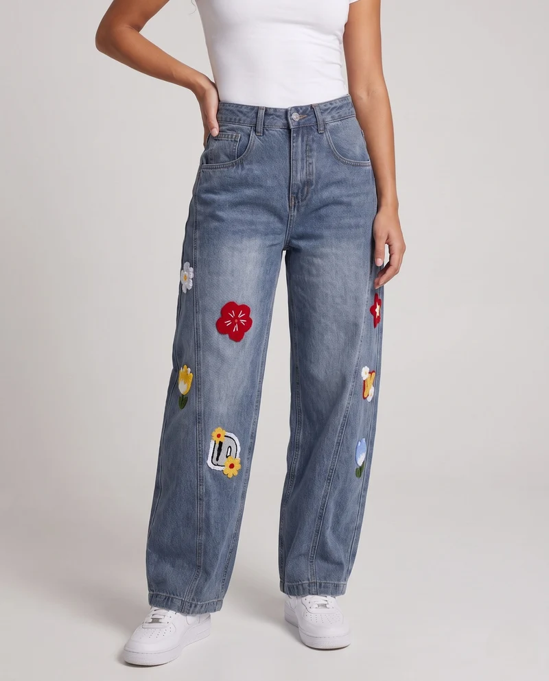 Damen Bunte Bestickte Baggy Jeans Nord Taschen