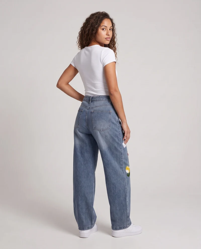 Damen Bunte Bestickte Baggy Jeans Nord Taschen
