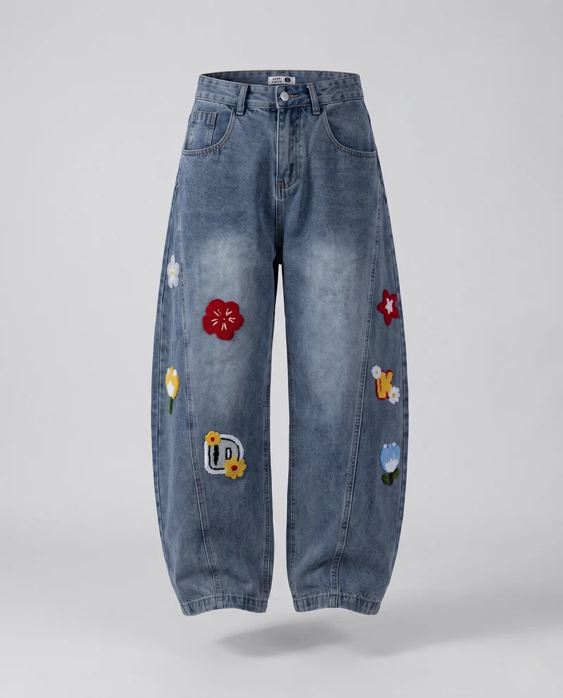 Damen Bunte Bestickte Baggy Jeans Nord Taschen