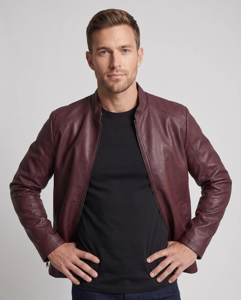 Herren Kunstleder Bikerjacke mit Stehkragen, Slim Silhouette & Zweirichtungsreißverschluss Nord Taschen
