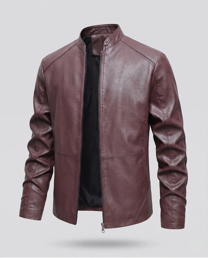 Herren Kunstleder Bikerjacke mit Stehkragen, Slim Silhouette & Zweirichtungsreißverschluss Nord Taschen