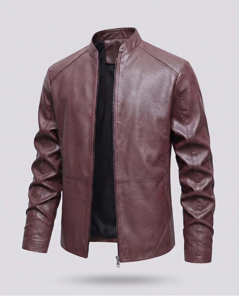 Herren Kunstleder Bikerjacke mit Stehkragen, Slim Silhouette & Zweirichtungsreißverschluss Nord Taschen