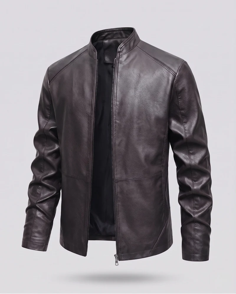Herren Kunstleder Bikerjacke mit Stehkragen, Slim Silhouette & Zweirichtungsreißverschluss Nord Taschen
