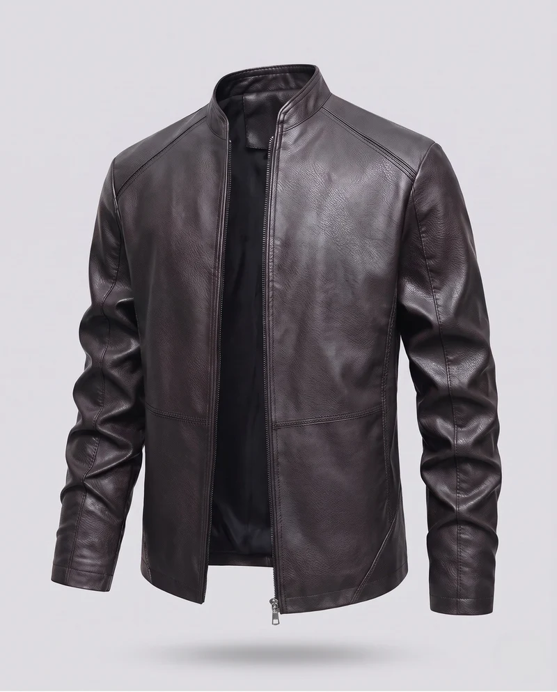 Herren Kunstleder Bikerjacke mit Stehkragen, Slim Silhouette & Zweirichtungsreißverschluss Nord Taschen
