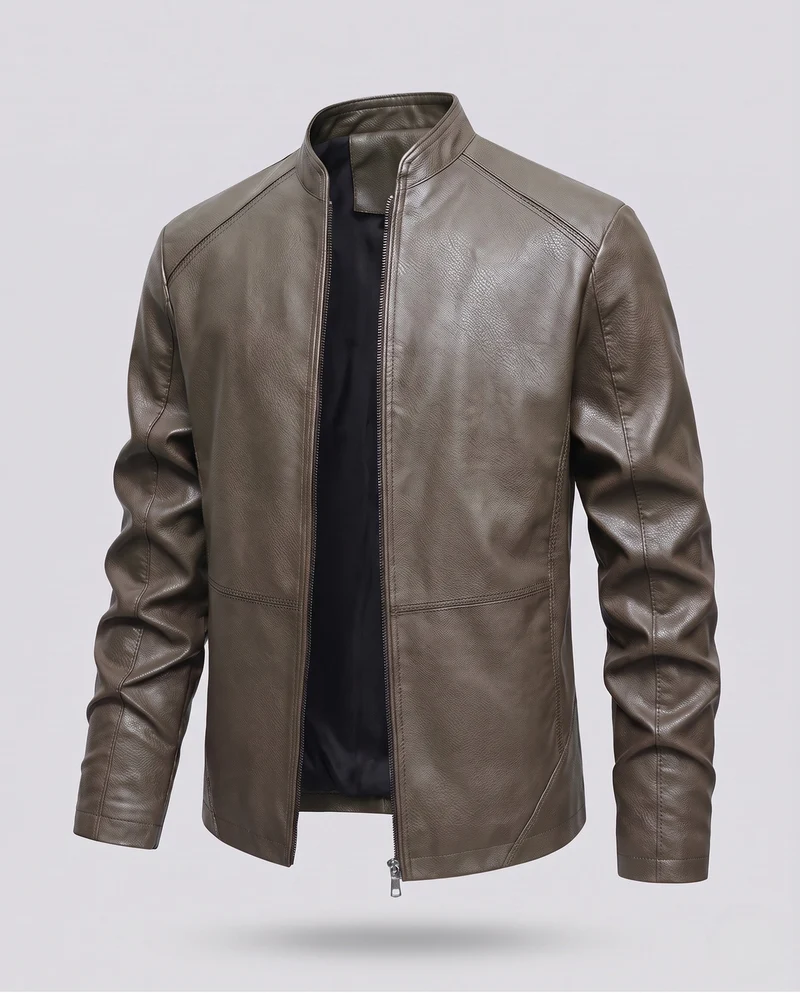 Herren Kunstleder Bikerjacke mit Stehkragen, Slim Silhouette & Zweirichtungsreißverschluss Nord Taschen