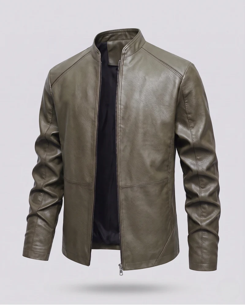 Herren Kunstleder Bikerjacke mit Stehkragen, Slim Silhouette & Zweirichtungsreißverschluss Nord Taschen